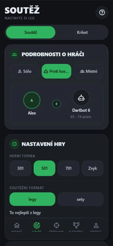 Nastavení zápasu DartJourney s vybraným Botem 6