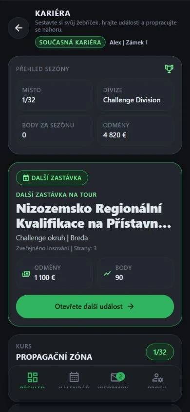 Ukázková kariéra DartJourney: divize Challenge, žebříček a další turnaj