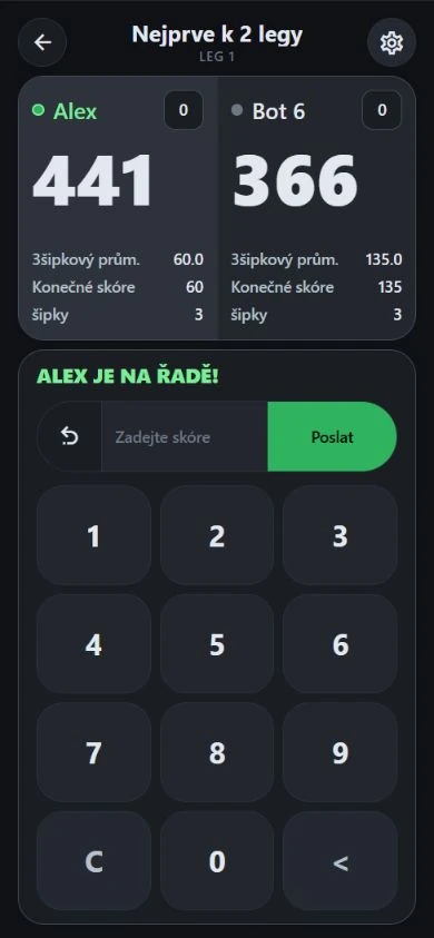 Zápas 501 v DartJourney: Alex proti Botovi 6 se skóre a průměry