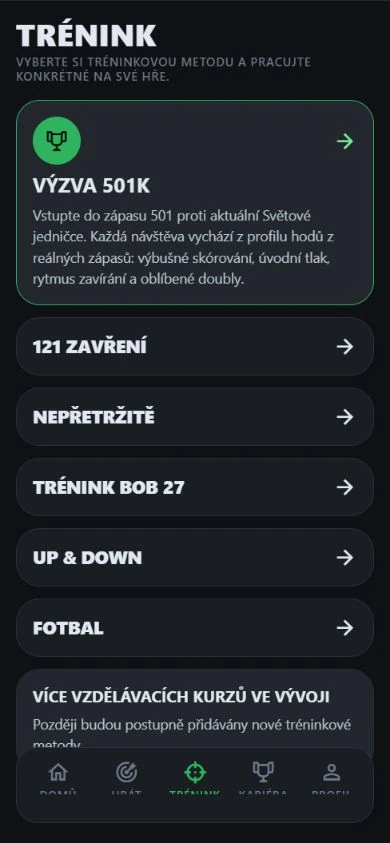 Tréninkové menu DartJourney se šesti hrami