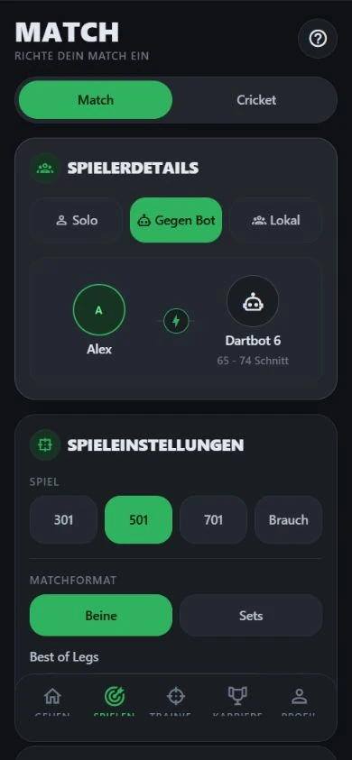 DartJourney-Matcheinstellungen mit ausgewähltem Bot 6