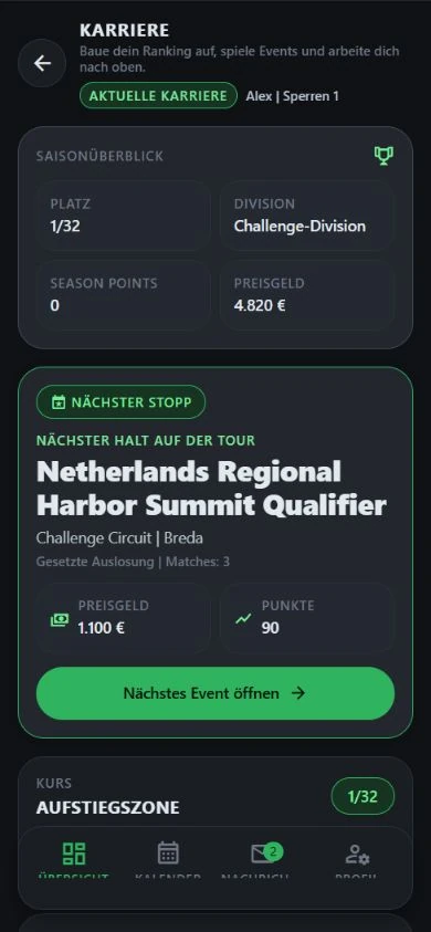 DartJourney-Demokarriere: Challenge-Division, Rangliste und nächstes Turnier