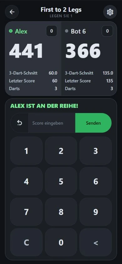 DartJourney-501-Match: Alex gegen Bot 6 mit Punkten und Durchschnitt