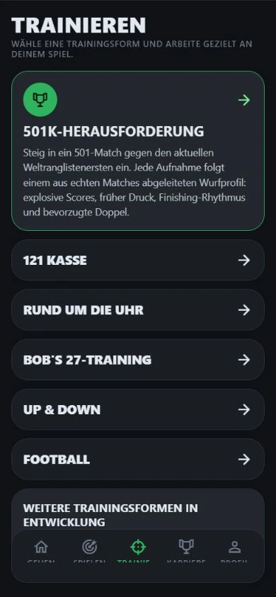 DartJourney-Trainingsmenü mit sechs Spielen