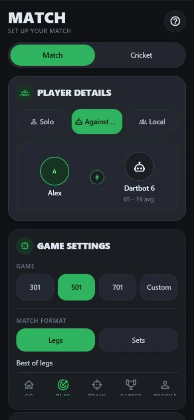 DartJourney match setup with Bot 6 selected