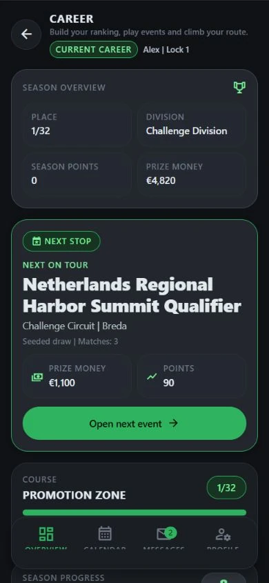 DartJourney demo career: Challenge Division, ranking and next tournament