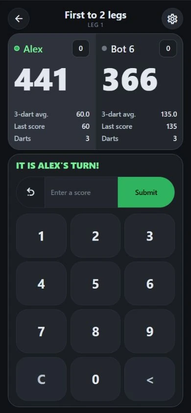 DartJourney 501 match: Alex against Bot 6 with scores and averages