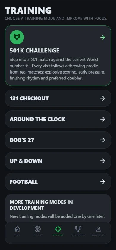 DartJourney training menu with six games