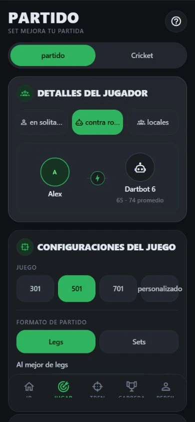 Configuración de partido de DartJourney con Bot 6 seleccionado