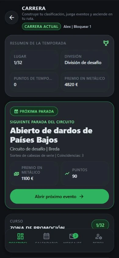 Carrera de demostración de DartJourney: división de desafío, clasificación y próximo torneo