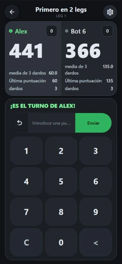 Partido 501 de DartJourney: Alex contra Bot 6 con puntuaciones y promedios