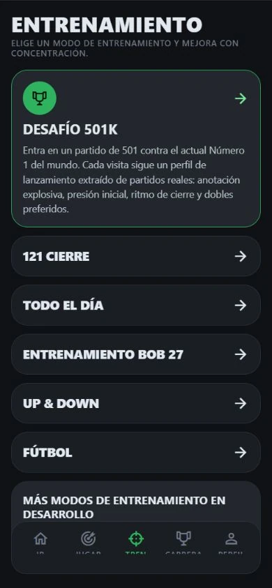 Menú de entrenamiento de DartJourney con seis juegos
