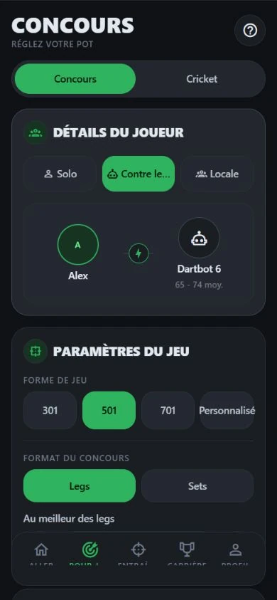 Configuration de match DartJourney avec Bot 6 sélectionné