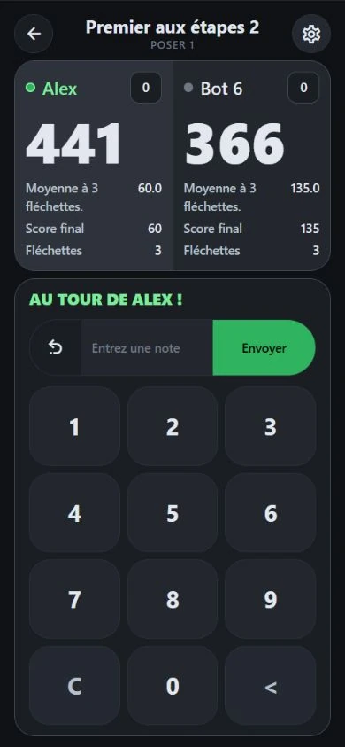 Match 501 DartJourney : Alex contre Bot 6 avec scores et moyennes