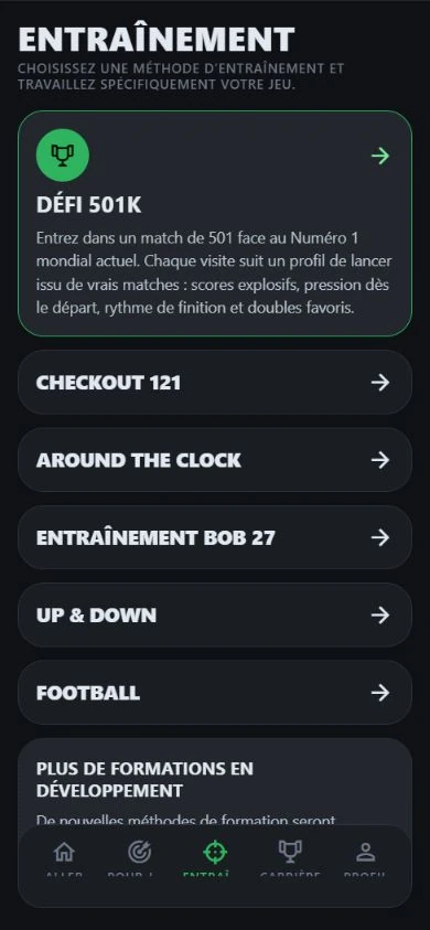 Menu d’entraînement DartJourney avec six jeux