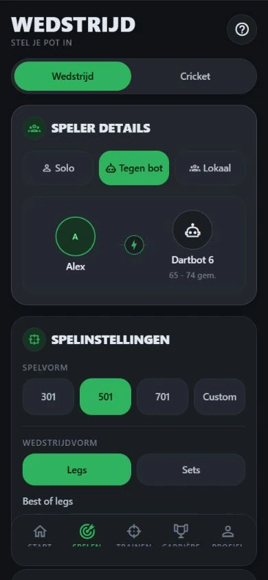 DartJourney-wedstrijdinstellingen met Bot 6 geselecteerd