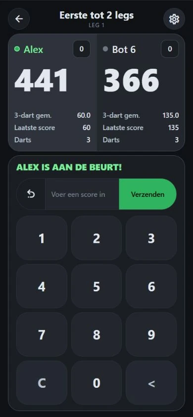 DartJourney 501-wedstrijd: Alex tegen Bot 6 met scores en gemiddelden