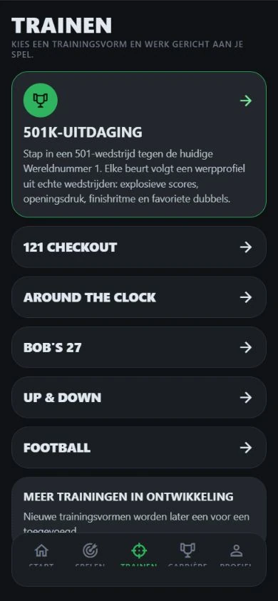 DartJourney-trainingsmenu met zes spellen
