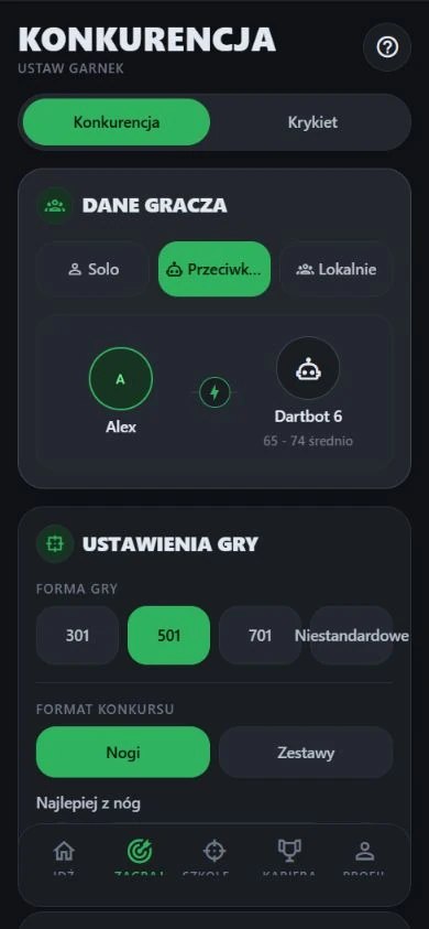 Ustawienia meczu DartJourney z wybranym Botem 6