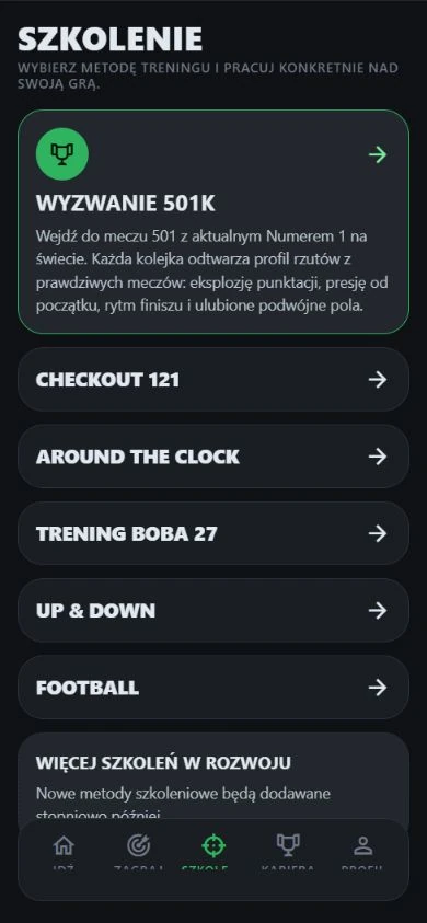 Menu treningowe DartJourney z sześcioma grami